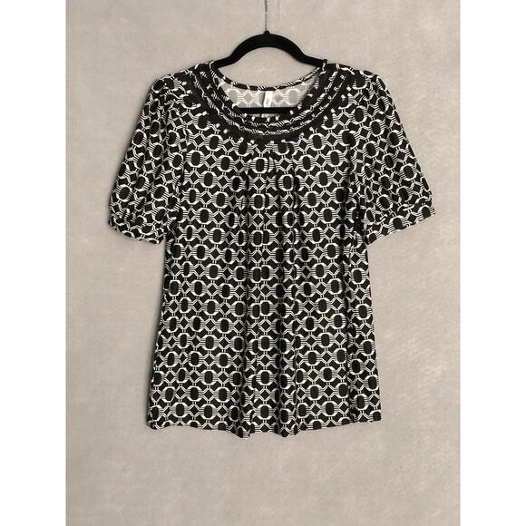 NY Collection Women's Petite Large Short Puff Sleeve Sheer Inset Top Black NEW - Picture 1 of 7